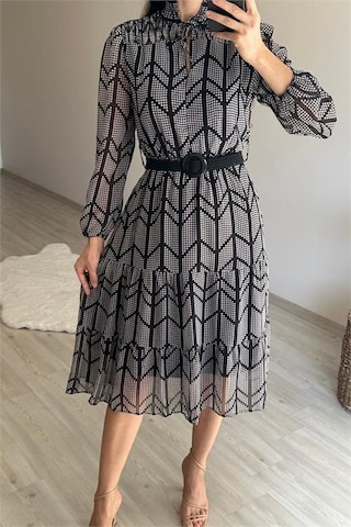 Neşeli Butik Kadın Yaka Lastikli Küçük Puantiyeli Midi Şifon Elbise Nm022 Siyah