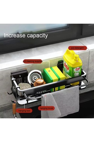 Novahub Çok Fonksiyonlu Paslanmaz Çelik Bulaşık Organizatörü - Sponge, Sabun Ve Havlu Askısı Siyah Siyah