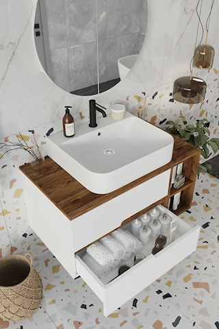 Koza Beyaz 90 Cm %100 Mdf Lavabolu Banyo Dolabı Ayna Lavabo Beyaz