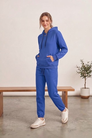 Moibody Kadın 3 İplik Şardonlu Eşofman Takımı Premium Kapüşonlu Sweatshirt Ve Jogger Alt Yavruağzı Mavi Mavi