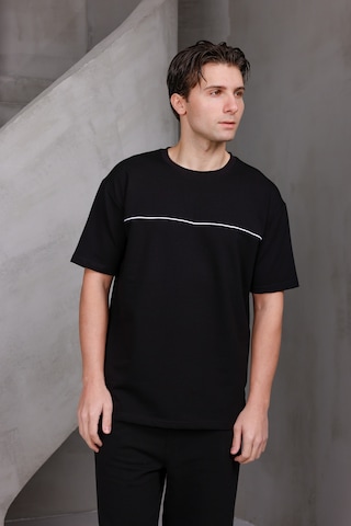 Erkek Garnili Şeritli Oversize Bisiklet Yaka 2 İki İplik Kompakt T-shirt Siyah