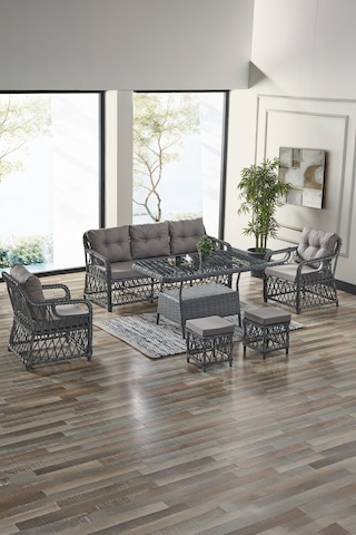 Edra Rattan Puflu Bahçe Balkon Takımı 3+1+1+camlı Masa Gri Gri