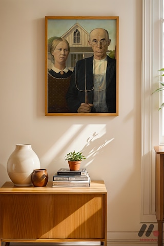 Grant Wood American Gothic, Ahşap Çerçeveli Duvar Tablosu - Sanatsever Hediyesi