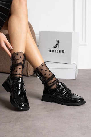 Dabab Shoes Elvan Kadın Siyah Rugan Küt Burun Çift Toka Detaylı Kalın Taban Loafer Ayakkabı