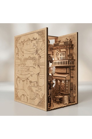 European Alley Book Nook Ahşap Maket Seti Avrupa Sokağı Peri Led'li Kitaplık Dekoru
