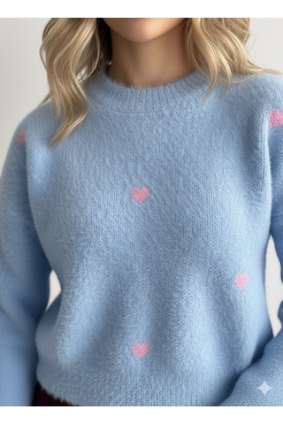 Ribana Classic Kadın Uzun Kollu Pembe Kalp Detaylı Standart Beden Triko Yumoş Kazak 4603 Bebe Mavisi
