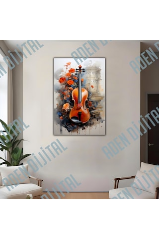 Aden Dijital Dekoratif Çiçekler Ve Keman Temalı Müzik Kanvas Tablo