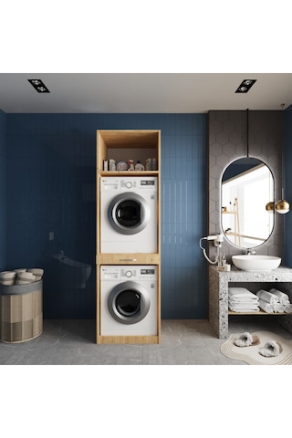 Piramit Çamaşır Ve Kurutma Makinesi Dolabı Banyo Dolabı Meşe Meşe