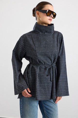 Olcay Degaje Yaka Oversize Kareli Bluz Antrasit 9839