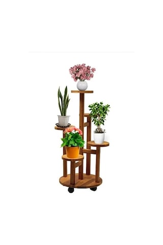 Asvera Tekerlekli 5 Raflı Metal Ahşap Çiçeklik Standı - Taşınabilir Modern Saksılık Rafı