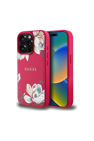 Apple Uyumlu iPhone 15 Pro Max Kılıf Guess Lisanslı Magsafe Özellikli Çiçek Tasarımlı Metal Logolu Kapak Fuşya