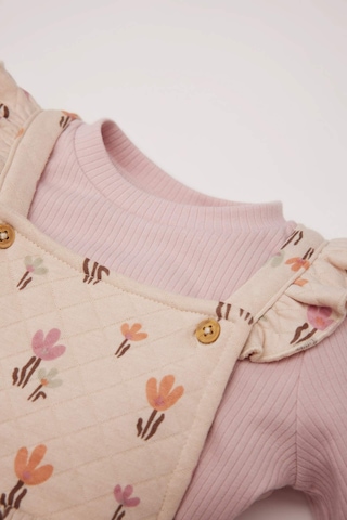 DeFacto Kız Bebek 2'li Takım Çiçekli Fitilli Kaşkorse Elbise Basic Düz Uzun Kollu Tişört D7252A524WNER120 Ekru