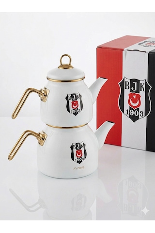 Beşiktaş Lisanslı Arma Logo Çaydanlık Beyaz - Siyah
