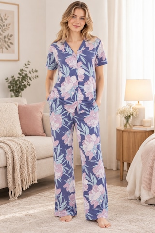 Lılac Kadın %100 Viskon Çiçek Desenli Gömlek Yaka Mor Pijama Takımı Mor - Pembe Mor - Pembe
