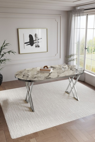 Mutfak Masası Takımı 6 Kişilik Masa Takımı Elma Avangarde Yemek Masa Takımı Benchli Beyaz Mermer Gümüş