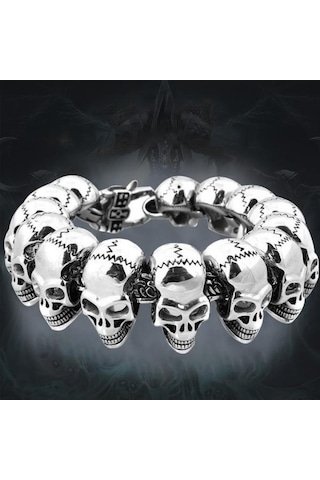 Novahub Gotik Kafatası Vintage Erkek Bileklik - Siyah Punk Paslanmaz Çelik Bilezik - Gümüş Renk Gümüş