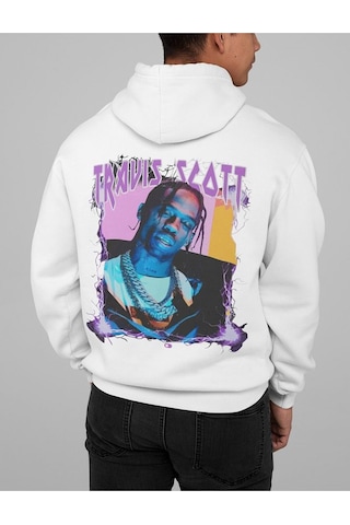 Sevbano Travis Scott Baskılı Unisex Oversize Rapper Şarkıcı Hoodie Beyaz