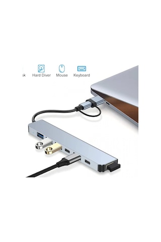 Alüminyum Usb Hub 7 in 1 Usb  / Type-C To Usb A, Usb C, Usb 2.0