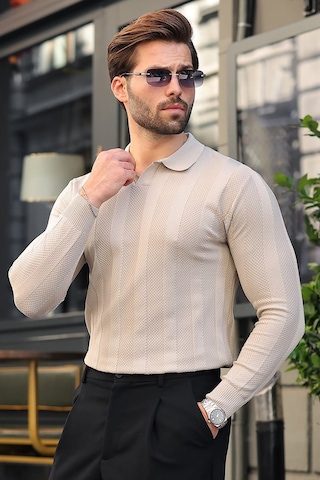 Madmext Taş Rengi Regular Fit Polo Yaka Triko Erkek Kazak E7509