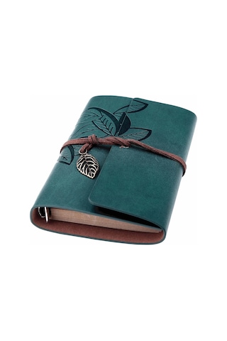 Yaprak Baskılı Deri Kapaklı Özel Tasarım Hediyelik Deri Kaplı Ajanda Anı-not Defteri Yeşil İthal Ürü Yeşil