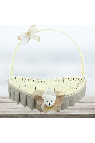 Saplı Oval Kumaş Süslü Sepet 41 Cm Büyük Boy Taş Rengi Taş