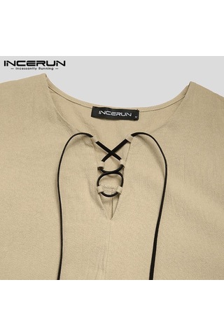 Incerun %100 Pamuk Erkek Uzun Kollu Bağcıklı Gömlek Vintage Düz Renk Rahat Gömlek Üstleri S-xxxxxl Açık Gri