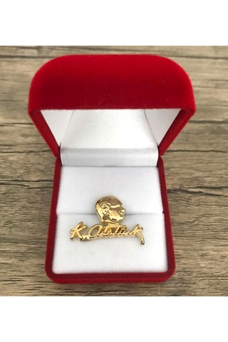 Atatürk İmzalı Ve Büstlü Şık Kutulu Yaka Rozeti Gold Altın
