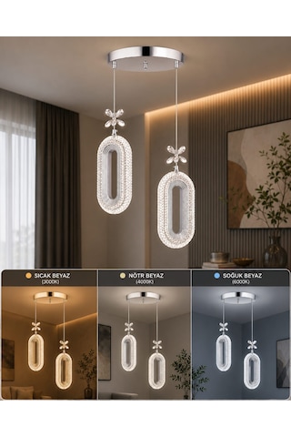 Serra Model 2'li Avizeb 3 Renk Modu Ledli Modern Salon Mutfak Oturma Odası Led Avize Krom Serra Model 2'li Avizeb 3 Renk Modu Ledli Modern Salon Mutfak Oturma Odası Led Avize Krom