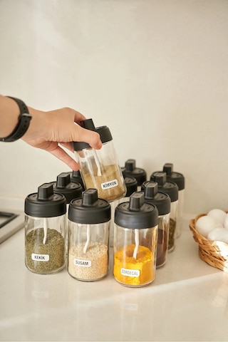 12 Parça Bianco 12'li Kendinden Kaşıklı Kilitli Kapaklı Baharat Takımı Cam ŞEffaf