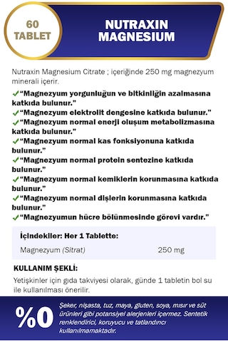 Nutraxin Magnesium 250 Mg 60 Tablet Sitrat