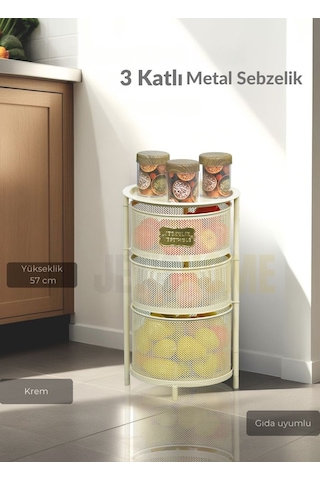 3 Katlı Sebzelik Açılır Metal Patates Soğan Sepeti Paslanmaz Meyvelik Organizer Sepet Krem Krem