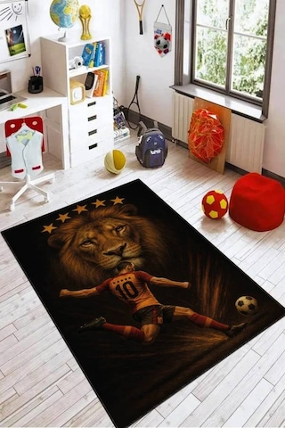 Aslan Futbolcu 10 Numara 5 Yıldız Kaymaz Taraftar Halısı Vh144n11 Sarı - Kırmızı