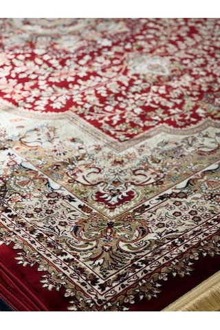 Asaryün Halı Ipek H3528 Bordo İpeksi Geleneksel Renkli Göbekli Klasik Desen Salon Halısı Modern Renkli