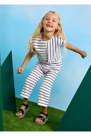 Mayoral 3559 Kız Çocuk Beyaz-antrasit Çizgili Pantolon Takım Beyaz