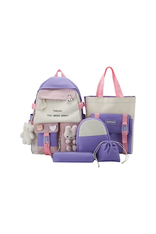 Moveevo Renkli Kumaşlı 5 Parça Aksesuar Seti İle Büyük Kapasiteli Çift Omuzlu Sırt Çantası Mor Renk Çok Renkli