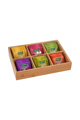 6 Bölmeli Ahşap Organizer,çerezlik,lokumluk,kahvaltılık,çay Poşeti,takı Kutusu,30x20 Cm,kulplu Kutu Bej