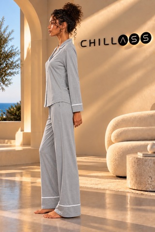 Chıllass Kadın Pamuklu Uzun Kollu Pijama Takımı Önden Düğmeli Gri Gri
