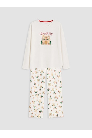 LC Waikiki Lcw Dream Ekru Yılbaşı Temalı Kadın Pijama Takımı Ekru Baskılı