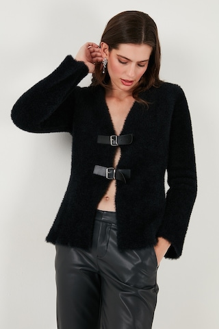 Lela Premium Regular Fit V Yaka Çift Kemerli Peluş Bayan Hırka 680Hi00112 Siyah