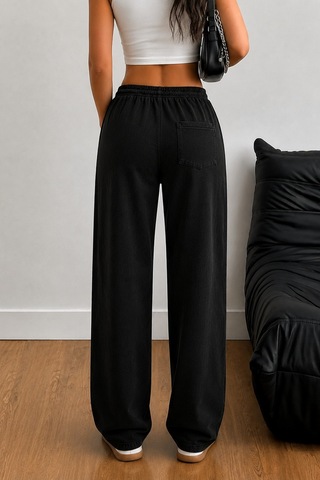 Tarz Cool Kadın Keten Karışımlı Regular Fit Beli Lastikli Bağcıklı Yüksek Bel Günlük Pantolon Siyah