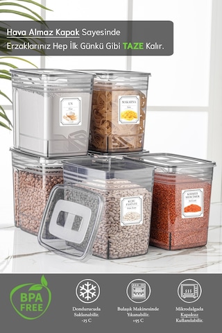 Meleni Home 6'lı Lena Jumbo Set- Un Ve Bakliyat Şeker Erzak Saklama Kabı - Dolap Kiler Düzenleyici Kutu 6x5,5 Lt