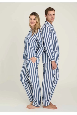 Kocabey 4007 Kadın Uzun Kol Çizgili Gaffuriye Pijama Takımı Mavi