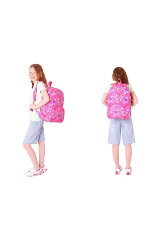 Kaukko Kız Çocuk Okul Sırt Çantası Ve Beslenme Çantası Seti - Pembe - Kalp Ve Kaukko Baskılı Pembe