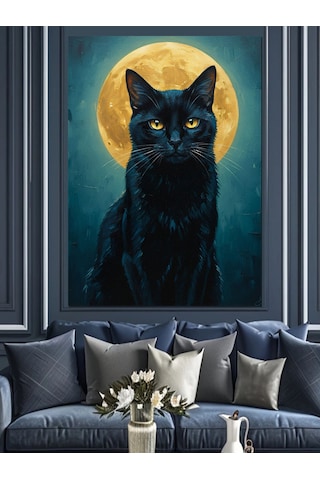 Ahşap Tablo Dolunay Altındaki Kara Kedi Çocuk Odası Tabloları