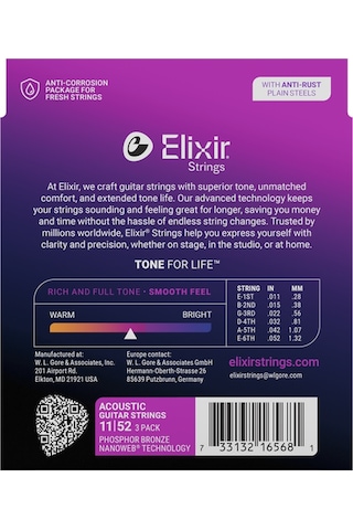 Elixir 011-052 Fosfor Bronz Akustik Gitar Teli Ekonomik 3'lü Set 16568