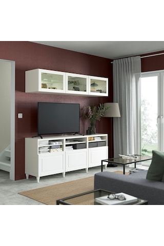 Tv Ünitesi, Beyaz-şeffaf Cam, 180x42x192 Cm, Smevıken/ostvık, Fren Raylı Beyaz