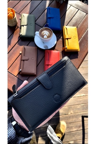 Mat Black Peony Hakiki Deri Telefon Cüzdanı Siyah