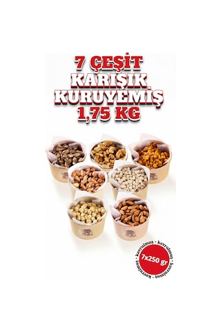 7 Çeşit Karışık Kuruyemiş 1.75 Kg 7x250g - Karışık Kokteyl Kuruyemiş -antep Fıstığı,kaju 1750 G