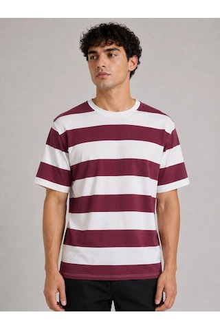 Novalisse Erkek Çizgili Oversize Tişört Bisiklet Yaka Kısa Kol Yazlık T-shirt - Bordo Çoklu Renk