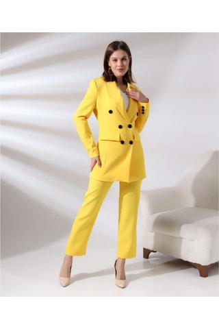 Kadın Kruvaze Blazer Ceket Pamuklu Atlak Kumaş Pantolon Takım Elbise Sarı Sarı